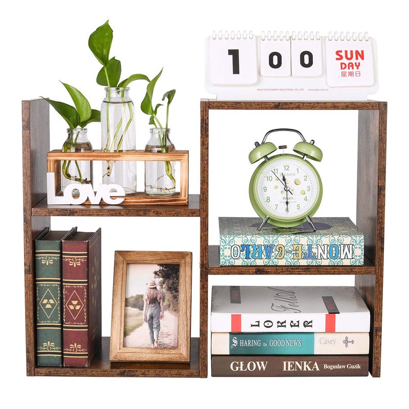 PAG Desktop Shelf Freestanding Wooden Small Bookshelf Desk Supplies Organizers and Accessories Storage Display Rack Office Dorm Decor for Women, Antique Brown - Image 2